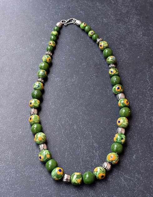 Full Blue Pottery Bead Long Necklace (Green)
